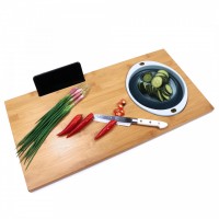 Natural bamboo cutting board Wooden chopping block with drip container and phone holder